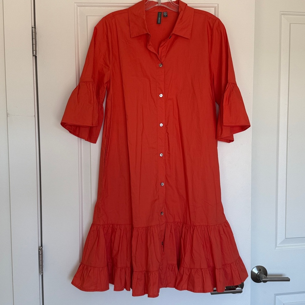 Orange Button-Up Shirt Dress with ruffle